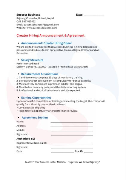 Creator Hiring Announcement & Agreement